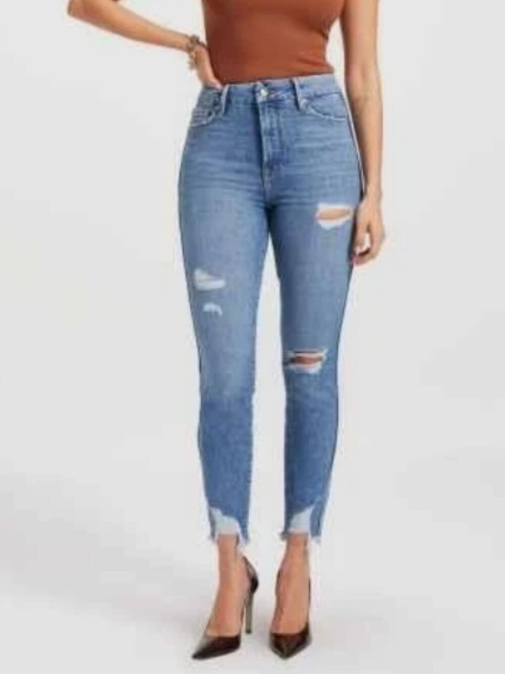 GOOD AMERICAN Distressed Good Curve High Rise Skinny Crop Jean Medium Wash - NWT